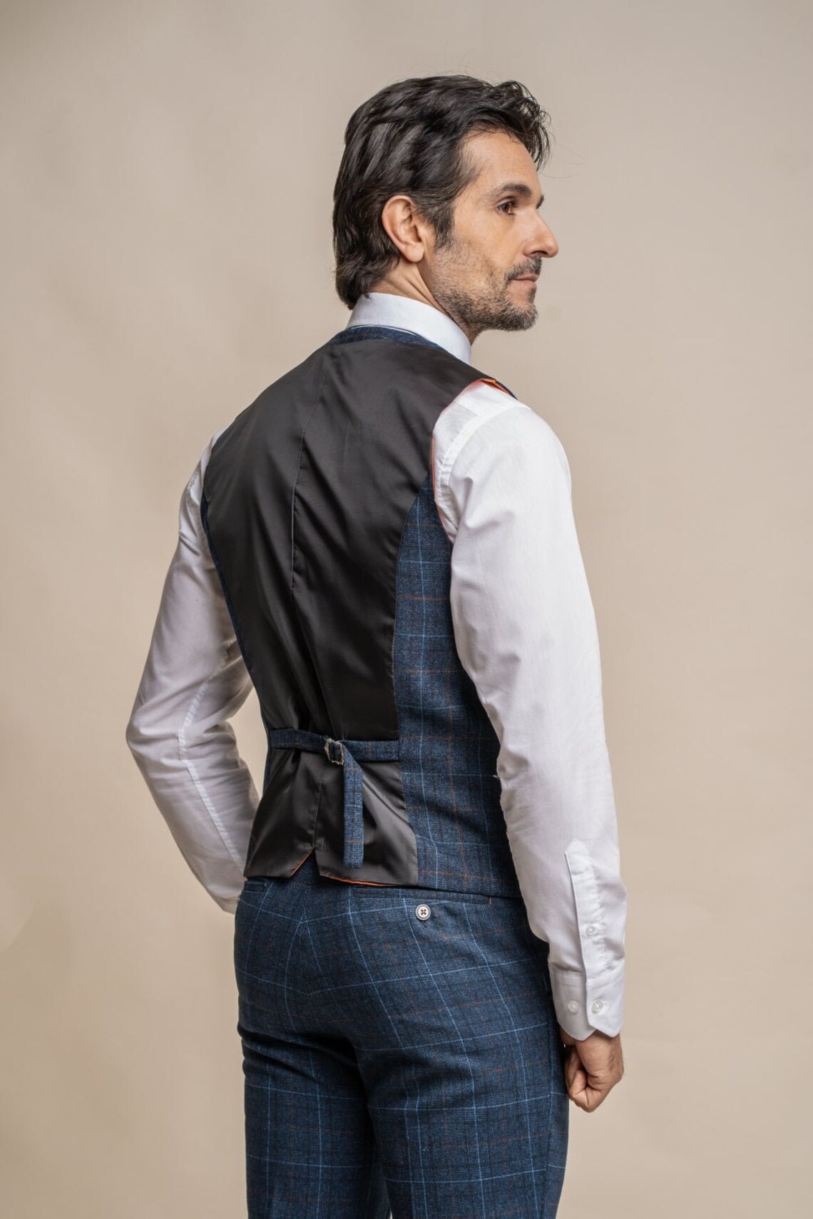 Mens Beige Navy Plaid 3-Piece Suit – Slim Fit Checkered Wedding and Formal Suit Set main image 0