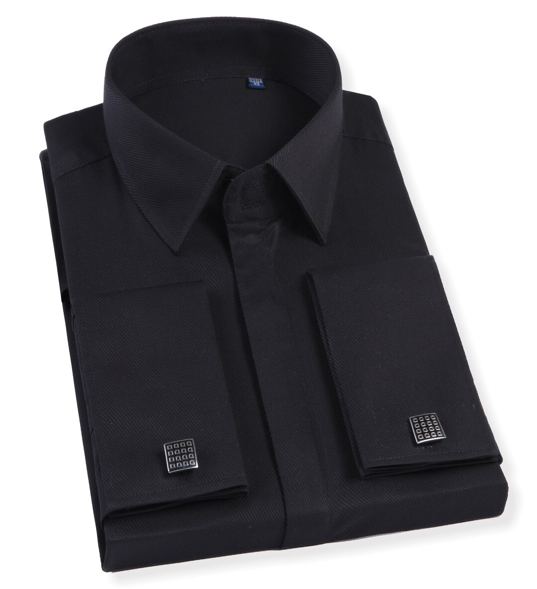 Mens 100% Cotton Shirt Silky Feel Black Double Cuff Slim Fit Long ...