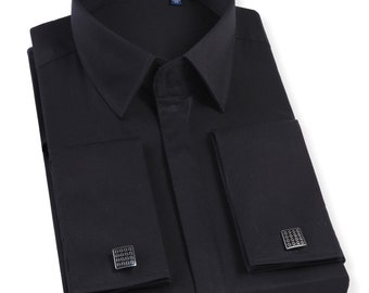 Mens 100% Cotton Shirt Silky Feel Black Double Cuff Slim Fit Long Sleeve Cufflink