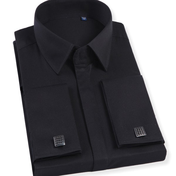 Mens 100% Cotton Shirt Silky Feel Black Double Cuff Slim Fit Long Sleeve Cufflink