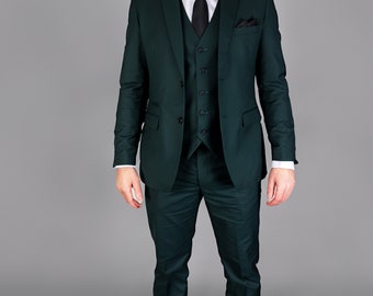 Mens Suit Green Three Piece Wedding Groom Prom Racing Bottle Dark Green Men's 3PC