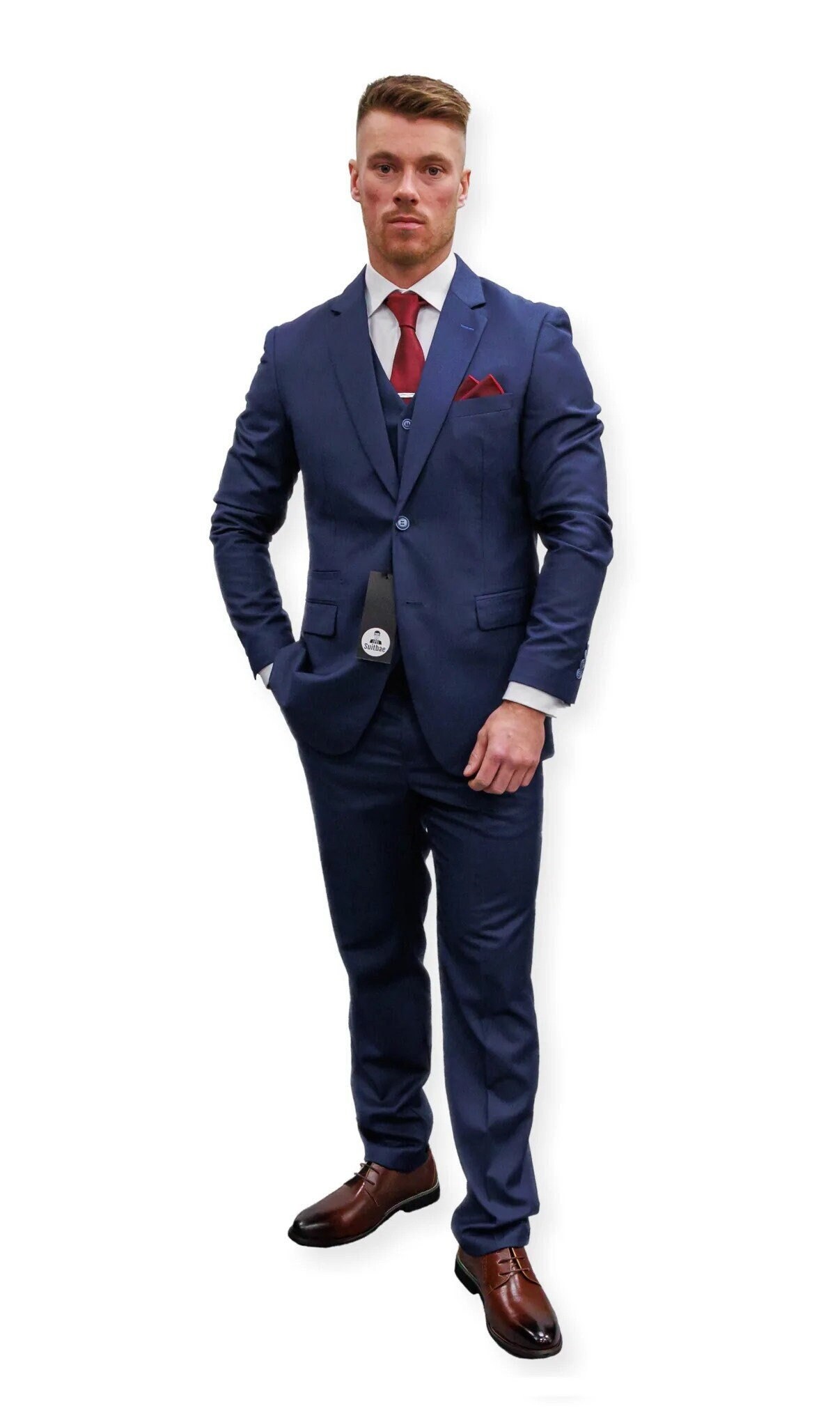 Navy blue tux with red dress top