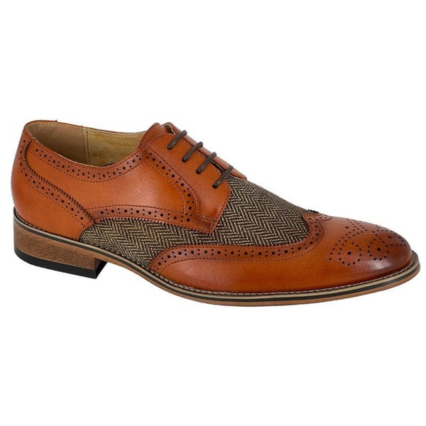 Tan Herringbone Oxford Brogue Dress Shoes. Wedding Party. Groom. Races. Special Event