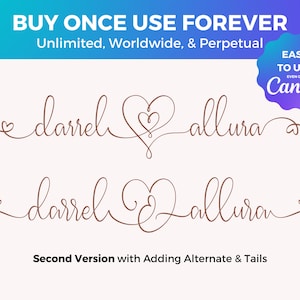 May include: Two versions of a cursive font design for the names "Darrel" and "Allura" with a heart symbol between the names. The first version has a simple heart symbol, while the second version has a more elaborate heart symbol with a bow at the end of the names. The text "BUY ONCE USE FOREVER" is at the top of the image, and the text "Unlimited, Worldwide, & Perpetual" is below it. The text "EASY TO USE EVEN ON Canva" is in a circle with a tick next to it.