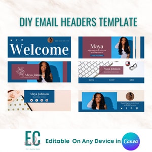 May include: A template for email headers with a blue and burgundy color scheme. The template features a welcome message, a business coach's name and logo, and a call to action to start exploring. The template is editable on any device in Canva.