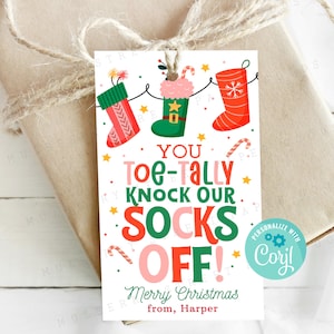 You Knock Our Socks Off Christmas Gift Tag, Holiday Party Favor Tag, Fuzzy Socks Secret Santa Teacher Friend, Edit with Corjl, Downloadable