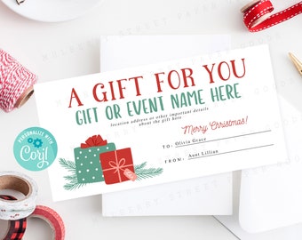 Chèque-cadeau de Noël modifiable Un cadeau pour vous, Chèque-cadeau de Noël imprimable, Imprimez votre propre chèque-cadeau, Modifier avec Corjl,