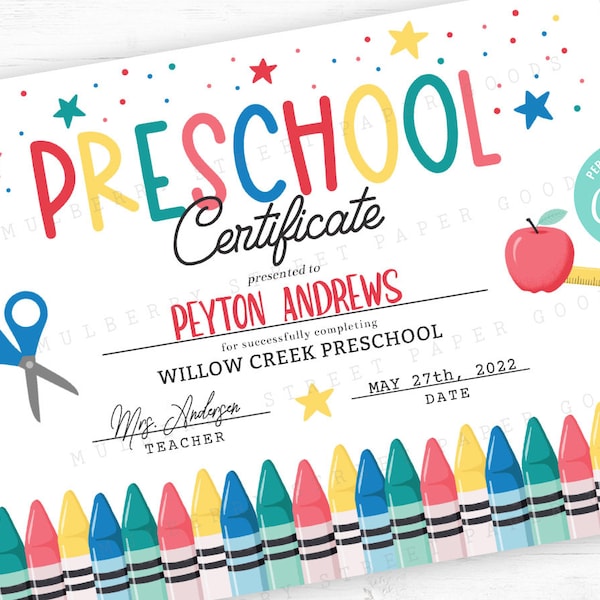 Printable Preschool Graduation Certificate, Editable Preschool Certificate, Last Day of Preschool Diploma, Edit using Corjl