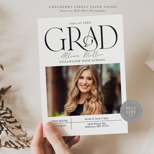 May include: A graduation announcement with a black and white photo of a young woman in a black dress. The announcement says "GRAD" in a bold, stylized font and includes the graduate's name, "Allison Miller", and the school name, "Stillwater High School". The announcement also includes the date and time of the open house, the address, and a "Self Edit" label.