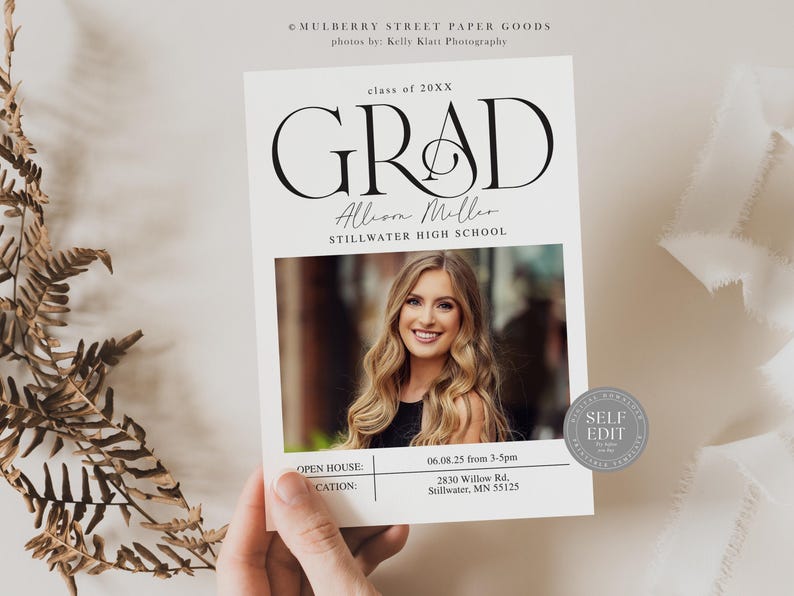 May include: A graduation announcement with a black and white photo of a young woman in a black dress. The announcement says "GRAD" in a bold, stylized font and includes the graduate's name, "Allison Miller", and the school name, "Stillwater High School". The announcement also includes the date and time of the open house, the address, and a "Self Edit" label.