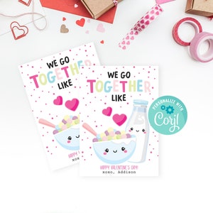 Biglietto di San Valentino We Go Together Like Cereal and Milk stampabile, biglietto di San Valentino per la classe con download immediato, modificabile, Corjl