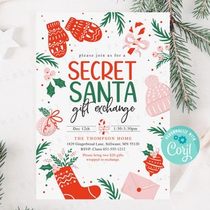 Editable Christmas Party Invitation Template, Red Pink Green Secret Santa Gift Exchange Invite, All Text Editable in Corjl, Printable