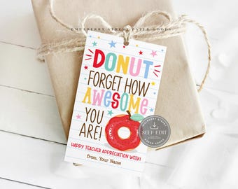 Donut Teacher Appreciation Gift Tag Canva Template, Printable School Staff End of Year PTO PTA Gifts
