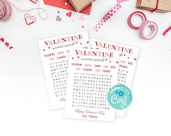 Valentine Word Search Printable Valentine Card, Instant Download Classroom Valentine's Day Card Game, Editable with Corjl