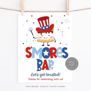 4th of July S'mores Sign Printable Fourth of July Party Printable S'mores Bar Table Sign Instant Download Independence Day Party Sign Canva