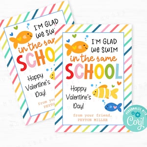 Goldfisch Valentinstag Karte druckbare Kinder Klassenzimmer Valentinstag Karte Austausch Regenbogen Fisch Valentinstag Party Favor Digital Download Corjl
