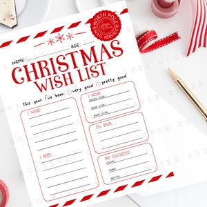 Sofortiger Download Weihnachtswunschliste, Kinder Weihnachtsgeschenk Wunschliste PDF, nicht bearbeitbar Sofortiger Download für Kinder Weihnachtsaktivität