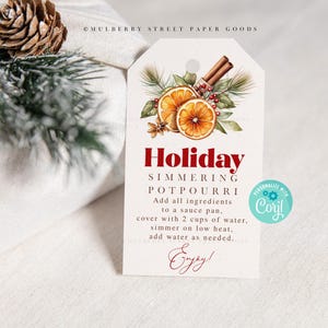 Instrucciones para preparar popurrí a fuego lento para las fiestas Etiqueta de regalo imprimible, Etiqueta para olla a fuego lento de descarga instantánea, Personalizar con Corjl, Cliente anfitrión maestro