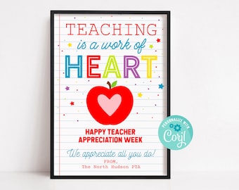 Printable Teacher Appreciation Sign, Editable Teaching is a Work of Heart Printable Sign, Teacher Appreciation Week Easel Sign, Framed Sign