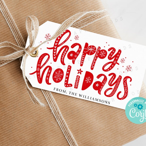 Printable Happy Holidays Gift Tag, Christmas or Holiday Party Gift Tag, Christmas Treat Bag Tag, Personalize with Corjl