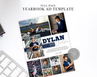 May include: A full-page yearbook ad template featuring a collage of photos. The ad prominently displays the name "DYLAN Carlson" with "CLASS OF 2026". The design includes images of a young man in various poses, including football.