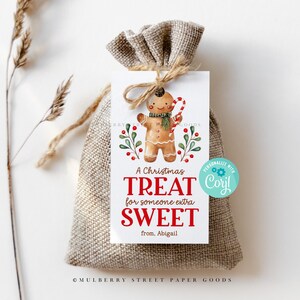 May include: A white gift tag with a gingerbread man illustration and the text "A Christmas Treat for someone extra SWEET from. Abigail". The tag is tied with twine and is sitting on a burlap bag.