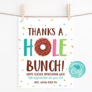 Thanks a Hole Bunch 8.5x11 Printable Sign, Donut Bar Teacher, Staff, Employee Appreciation Sign, Donut Bar Sign, Personalize with Corjl