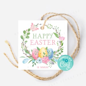 Printable Easter Wreath Gift Tag, Instant Download Happy Easter Gift Tag, Personalize with Corjl, Easter Egg Wreath Gift Tag