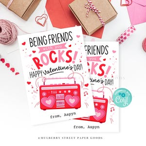Descarga instantánea Tarjeta de San Valentín Imprimible Ser amigos Rocks Fiesta de San Valentín Favor Reproductor de casete Regalo de clase de San Valentín Digital Corjl