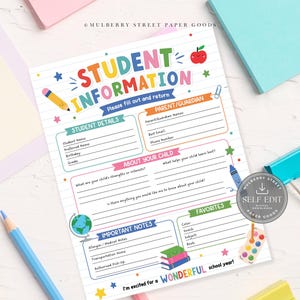 May include: A printable student information form featuring colorful headers and school-themed graphics like a globe, apple, and pencils. The document includes sections for student details, parent contact info, child interests, favorites, and important notes.