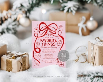 May include: A pink Christmas party invitation with red decorative elements, including a bow, gift boxes, and candy canes. The invitation reads "Join us for a Favorite Things Christmas Party!" and includes event details.