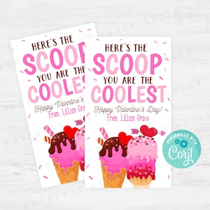 Etichetta regalo di San Valentino con gelato stampabile, biglietto di auguri per San Valentino con cucchiaio per gelato per bambini, insegnante, cliente, regalo di San Valentino, modifica con Corjl