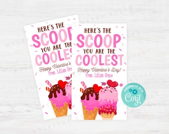 Printable Ice Cream Valentine's Day Gift Tag Kids Classroom Ice Cream Scoop Valentine Card Teacher Client Valentine Gift Edit with Corjl