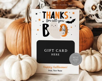 Halloween Gift Card Holder Printable Digital Download Thanks For All You Boo Halloween Gift Card Template Teacher Coworker Gift Canva Corjl
