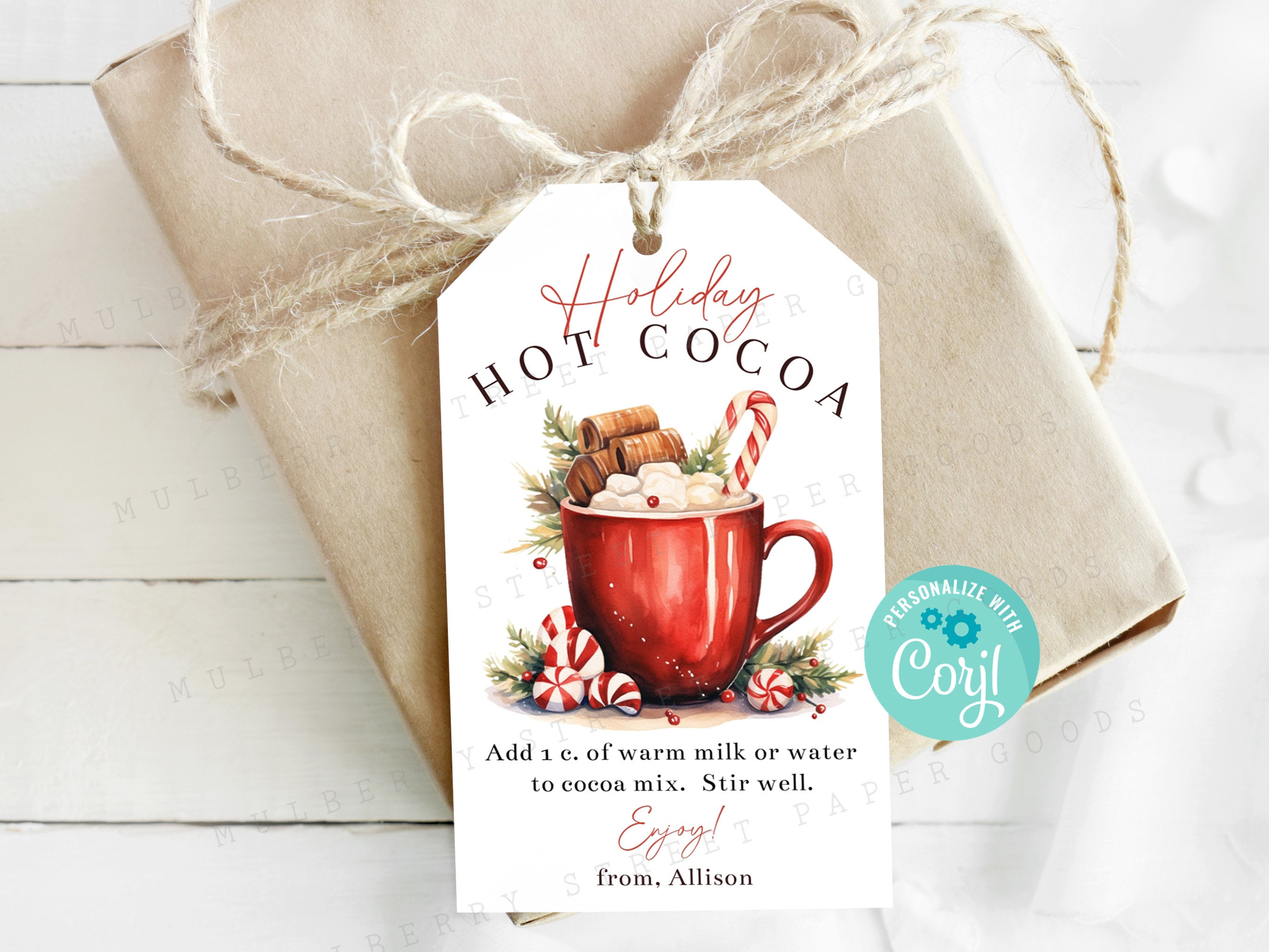 Printable Holiday Hot Cocoa Instructions Tag, Homemade Hot