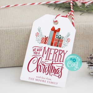 Afdrukbaar cadeaukaartje 'We Wish You a Merry Christmas', instant download verticaal kerstcadeaulabel, personaliseren met Corjl, CT139
