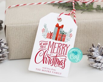 Printable We Wish You a Merry Christmas Gift Tag, Instant Download Vertical Holiday Gift Tag, Personalize with Corjl, CT139