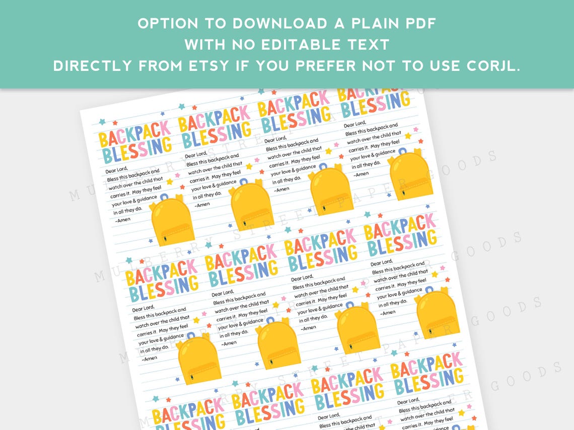Backpack Blessing Gift Tag Printable, Back to School Tag, Digital ...