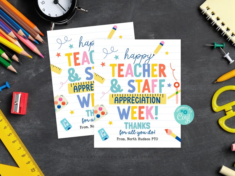 May include: Two square cards with the text "happy TEACHER & STAFF APPRECIATION WEEK!" in colorful letters. The cards have school-themed illustrations like pencils, rulers, and stars. The background is a dark chalkboard with school supplies.