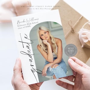 May include: A white graduation announcement with a black and white photo of a young woman in a white tank top and blue jeans. The text on the announcement reads "Brooke Williams, Stillwater High School, class of 20XX, graduate".