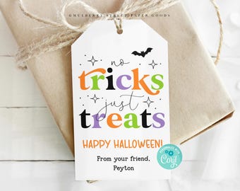 Etiqueta de regalo de Halloween imprimible, descarga digital, sin trucos, solo dulces, etiqueta de recuerdo de fiesta de Halloween, etiqueta de bolsa de clase editable, etiqueta de galleta de Halloween