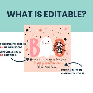 May include: A square Halloween-themed graphic with a peach background, featuring a white ghost, a pink "B", and an orange "O" with a spiderweb. Text includes "Here's a little treat for you! Happy Halloween" and "From, Your Name".