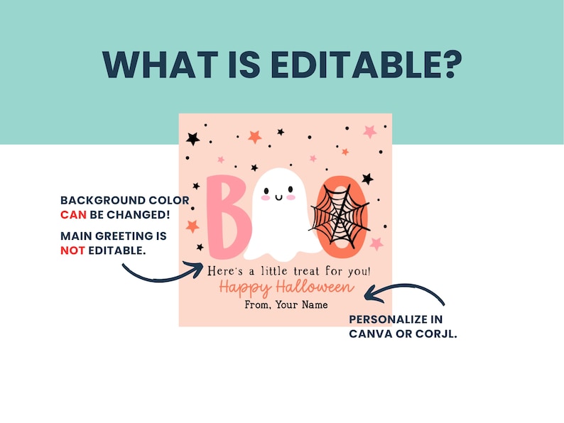 May include: A square Halloween-themed graphic with a peach background, featuring a white ghost, a pink "B", and an orange "O" with a spiderweb. Text includes "Here's a little treat for you! Happy Halloween" and "From, Your Name".