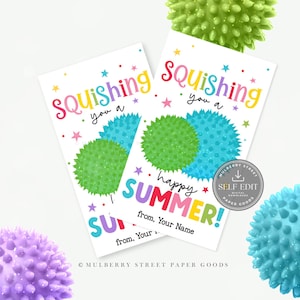 Peut inclure: Deux cartes blanches avec le texte coloré "Squishing you a happy SUMMER!" et un espace pour un nom. Les cartes présentent des graphiques de boules épineuses vertes et bleues et des étoiles. Une boule épineuse violette, verte et bleue est également visible.
