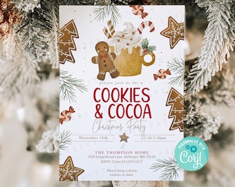 Könnte beinhalten: Eine weiße Einladungskarte mit einem Lebkuchenmann, einer Tasse Kakao mit Zuckerstange und Lebkuchenplätzchen. Der Text lautet: COOKIES & COCOA Christmas Party, 16. Dezember, 13:30-15:30 Uhr, THE THOMPSON HOME, 1829 Gingerbread Lane, Stillwater, MN 55120, RSVP: Claire 651-555-1212.
