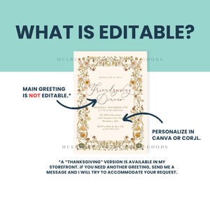 May include: An invitation design with the text "Friendsgiving Dinner" in elegant script, framed by floral and leaf illustrations. The text "WHAT IS EDITABLE?" is at the top. The invitation details are customizable in Canva or Corjl.