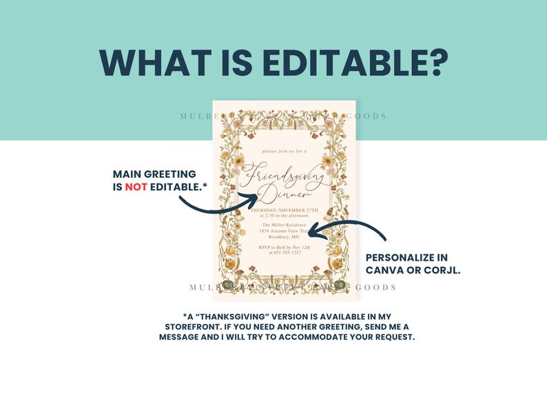 May include: An invitation design with the text "Friendsgiving Dinner" in elegant script, framed by floral and leaf illustrations. The text "WHAT IS EDITABLE?" is at the top. The invitation details are customizable in Canva or Corjl.