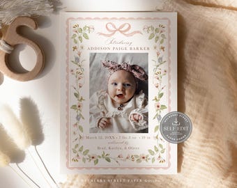 May include: A baby announcement card featuring a baby's photo, floral border, and the text "Introducing Addison Paige Barker." The card includes the baby's birthdate, weight (3.26 kg), and length (48.26 cm). The card is from Mulberry Street Paper Goods.