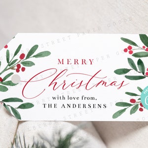 Printable Merry Christmas Gift Tag, Festive Greenery Christmas DIY Gift Tag Printable, Edit with Corjl