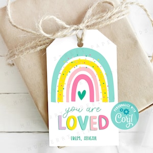 Etiqueta de regalo "Eres amado" imprimible, etiqueta de "Eres amado" de colores del arcoíris, etiqueta de regalo del arcoíris, personalice con Corjl